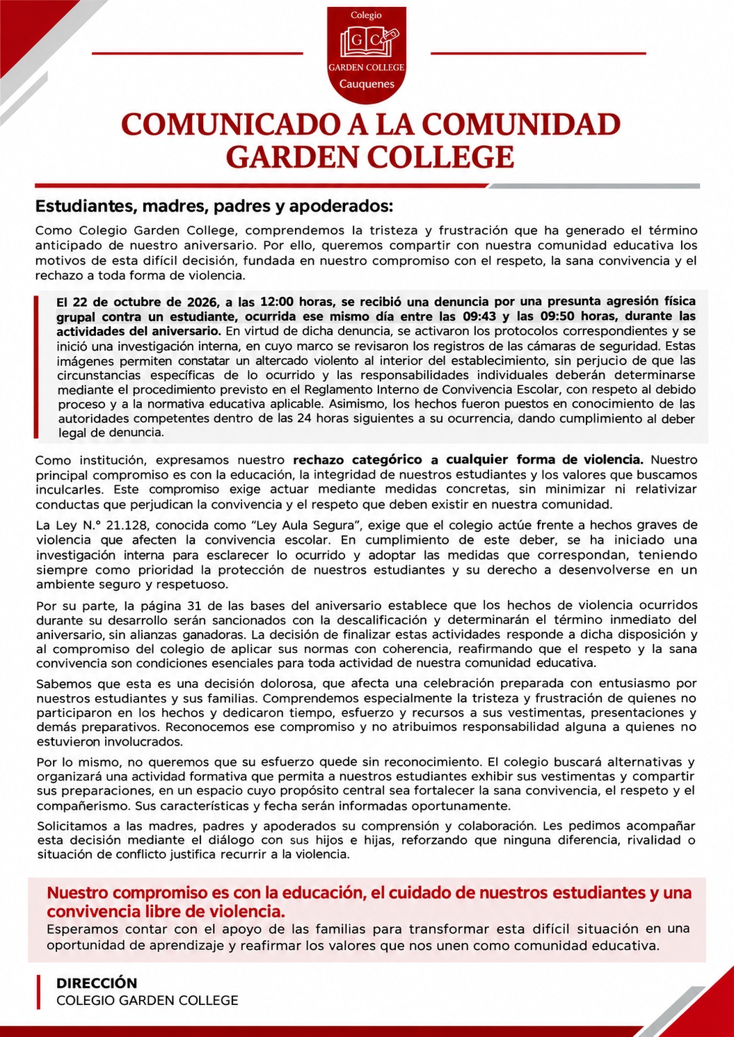 Comunicado Garden College convivencia y respeto